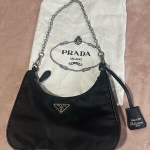 Prada Black Nylon Shoulder Bag with Silver Chain